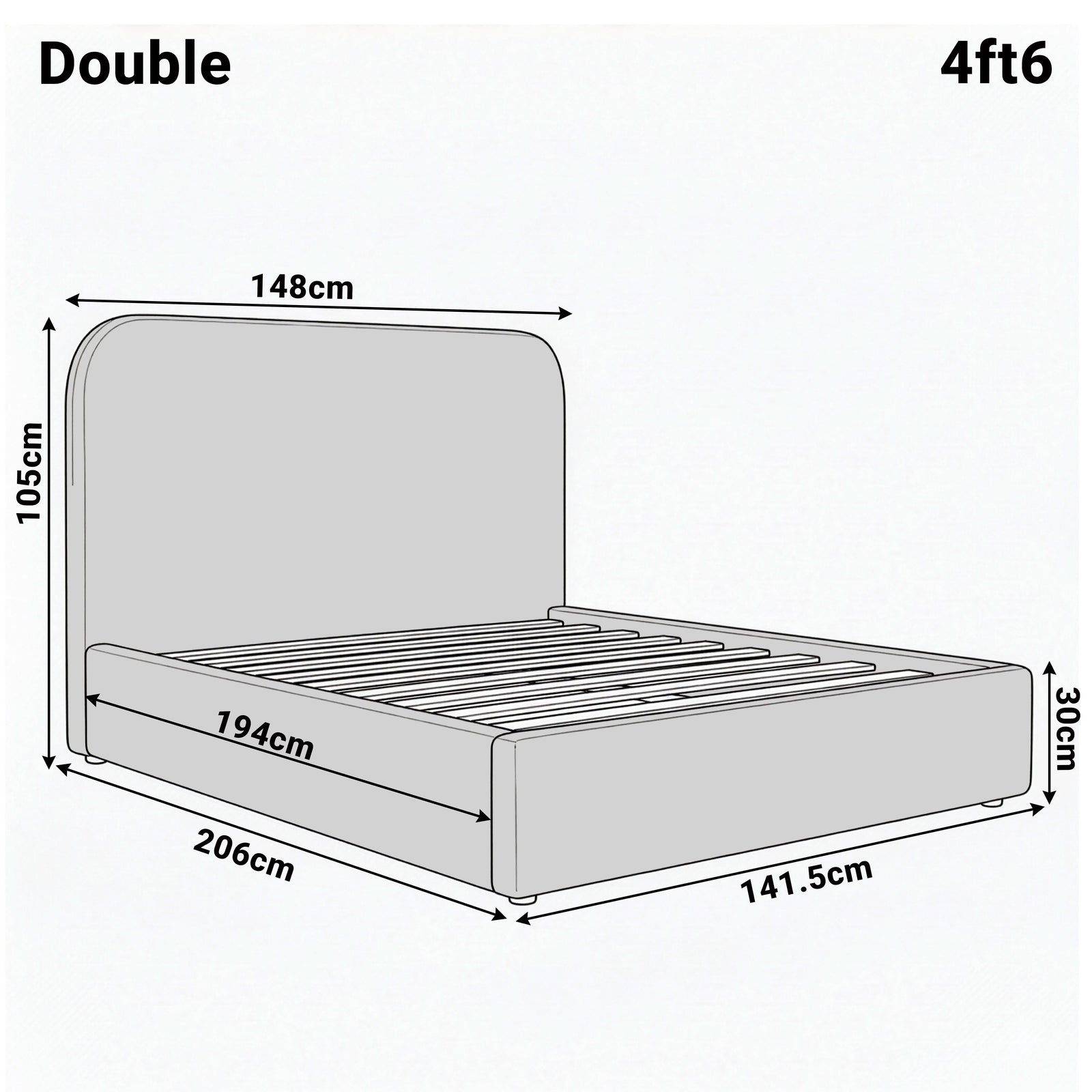 [Double | Blue] Dimension diagram for double 4ft6 Pluva bed showing 148cm width 206cm length and 105cm headboard height