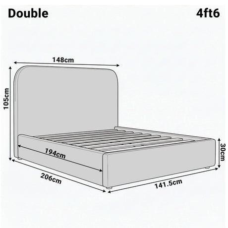 [Double | Light Grey] Dimension diagram for double 4ft6 Pluva bed showing 148cm width 206cm length and 105cm headboard height