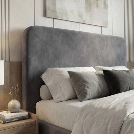 [Double | Grey] Headboard close-up displaying gently curved profile with plush velvet texture and clean stitching