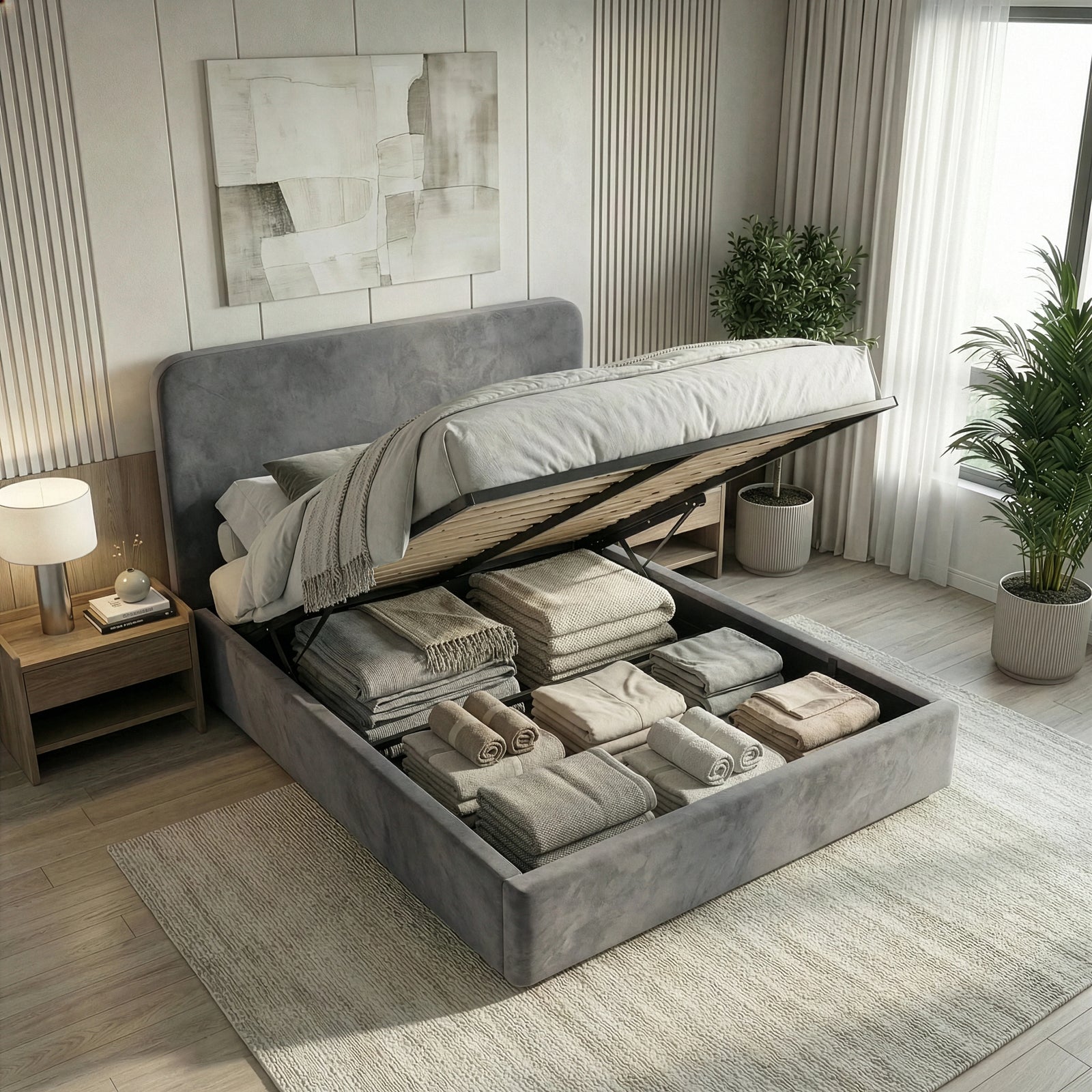 [King | Grey] Gas-lift mechanism raised on Pluva ottoman bed revealing spacious under-bed storage with pillows and duvets