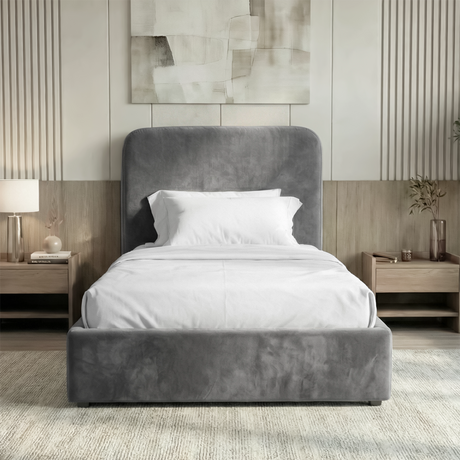 [Single | Grey] Symmetrical front-on view of Pluva velvet bed with rounded headboard and art centred above