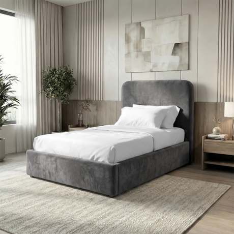 [Single | Grey] Wide lifestyle view of Pluva ottoman bed showing full room styling with nightstands and wall decor