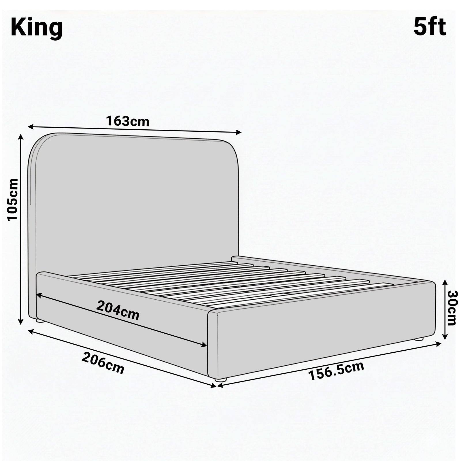 [King | Beige] Dimension diagram for king 5ft Pluva bed showing 163cm width 206cm length and 105cm headboard height
