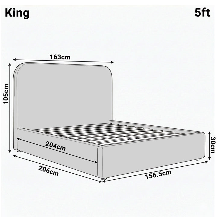 [King | Blue] Dimension diagram for king 5ft Pluva bed showing 163cm width 206cm length and 105cm headboard height