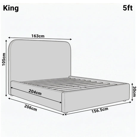 [King | Grey] Dimension diagram for king 5ft Pluva bed showing 163cm width 206cm length and 105cm headboard height