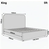 [Light Grey | King] Pluva king 5ft ottoman bed dimensions: 163cm width, 206cm length, 105cm headboard height diagram