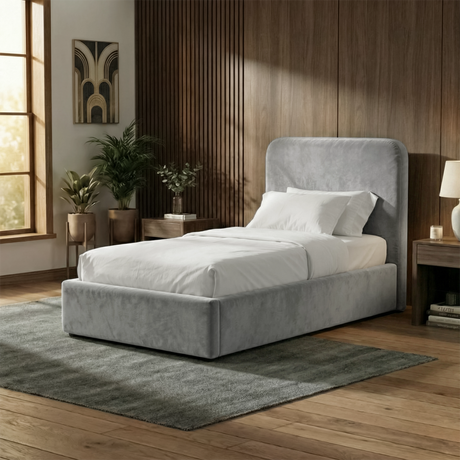 [Single | Light Grey] Wider angle of Pluva velvet bed in styled bedroom showing surrounding furniture and flooring