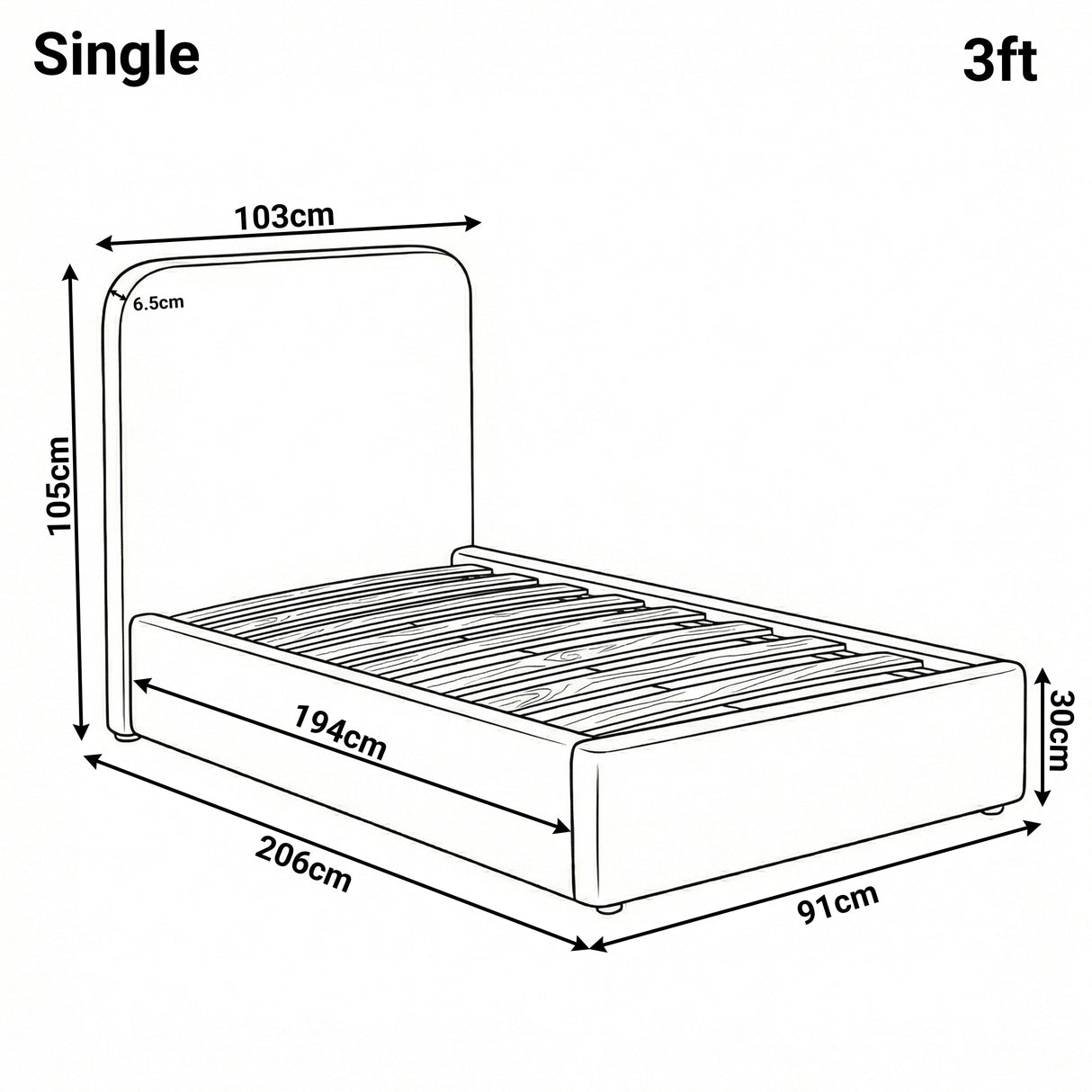 [Single | Blue] Dimension diagram for single 3ft Pluva bed showing 103cm width 206cm length and 105cm headboard height