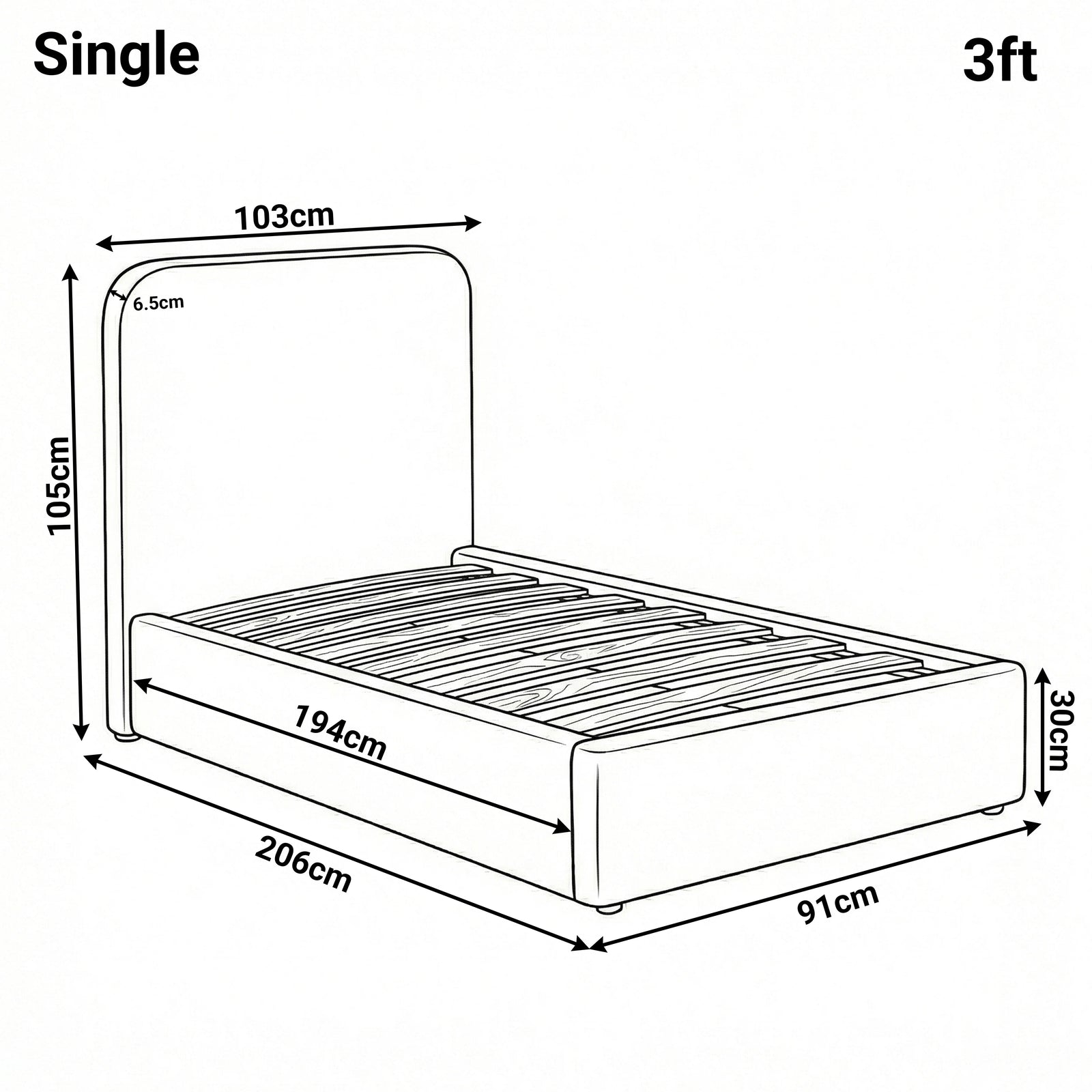 [Single | Grey] Dimension diagram for single 3ft Pluva bed showing 103cm width 206cm length and 105cm headboard height
