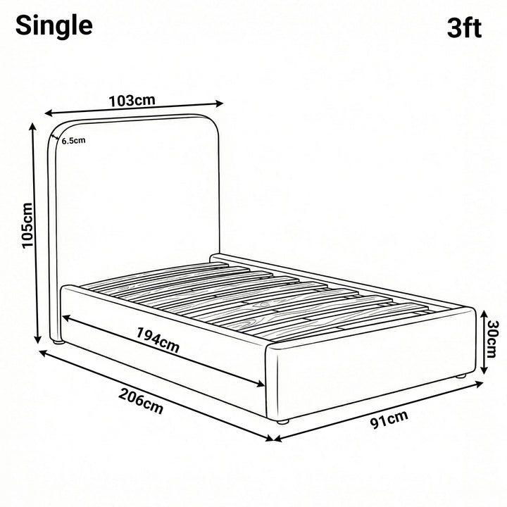 [Single | Light Grey] Dimension diagram for single 3ft Pluva bed showing 103cm width 206cm length and 105cm headboard height