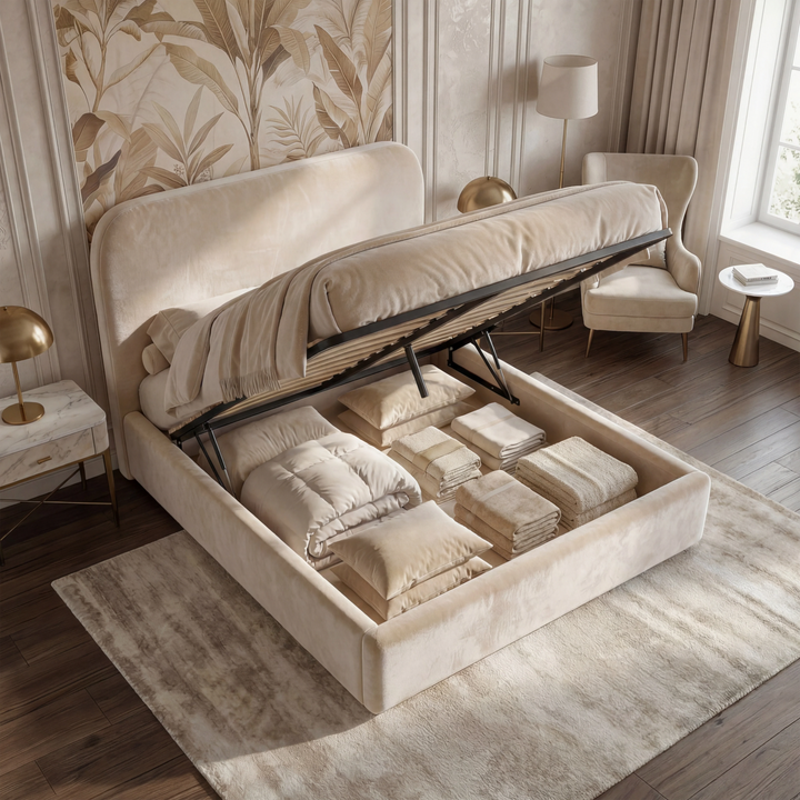 [Double | Beige] Pluva ottoman bed with gas-lift base raised, showing under-bed storage filled with folded pillows and duvets