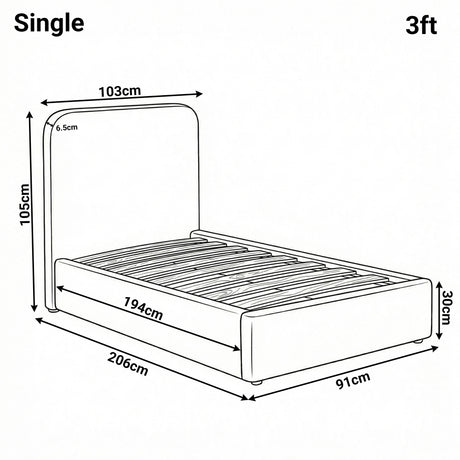 [Single | Beige] Pluva ottoman bed single 3ft diagram: 103 x 206 x 105 cm, internal 91 x 194 cm, base 30 cm