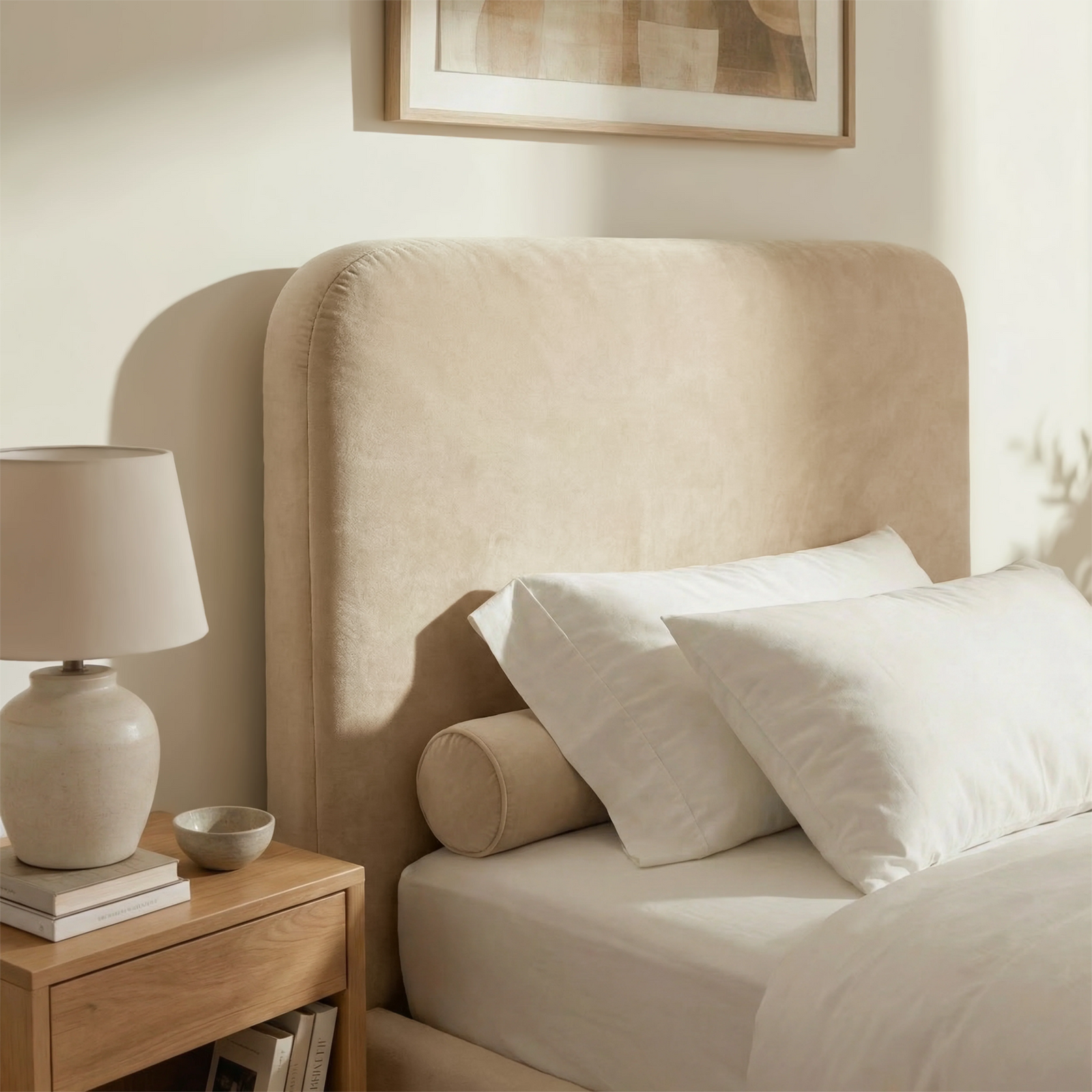 [Single | Beige] Single beige Pluva ottoman bed headboard close-up, curved profile, velvet texture and panel stitching