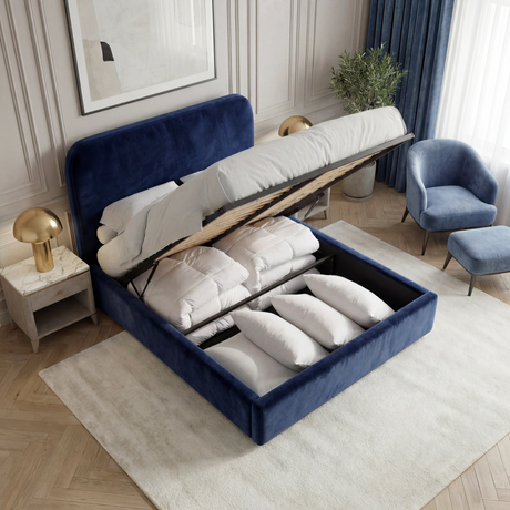 [King | Blue] Blue king Pluva ottoman bed with mattress raised on gas struts revealing deep storage and folded bedding