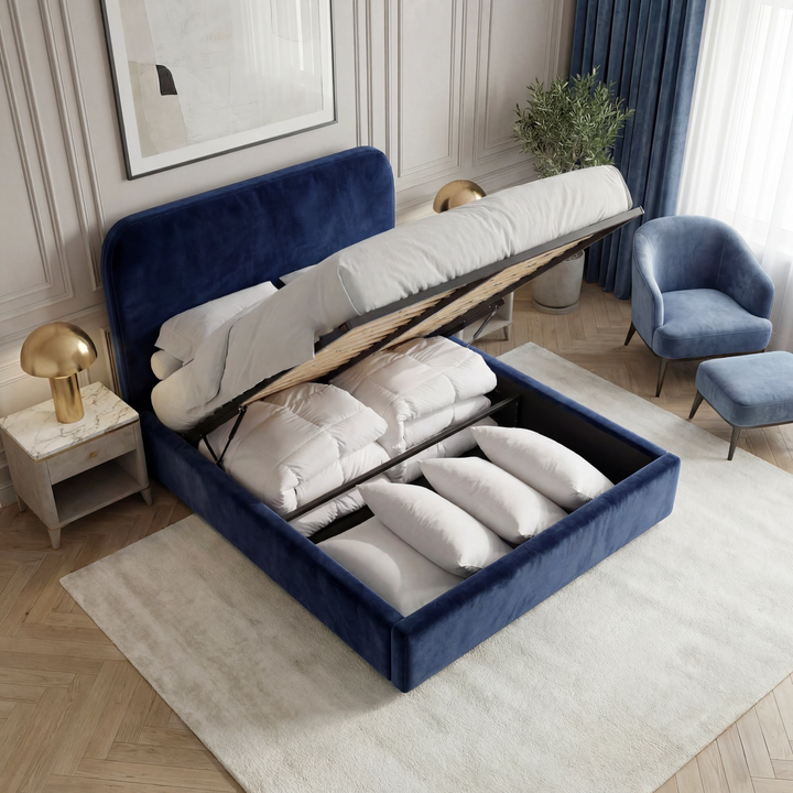 [Small Double | Blue] Blue SD Pluva ottoman bed with gas-lift base raised revealing deep storage beneath the mattress