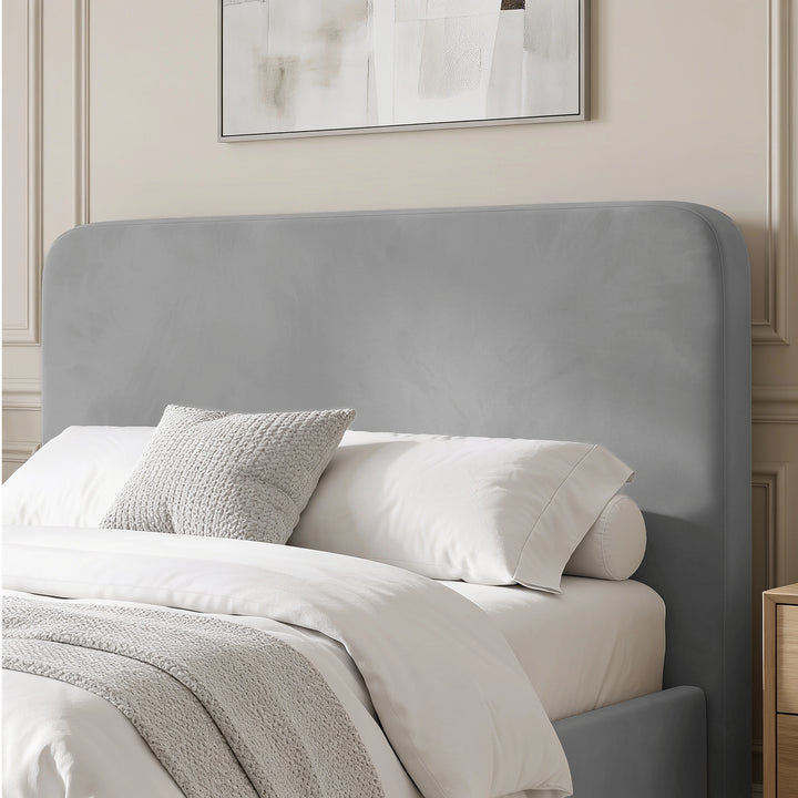 [Double | Light Grey] Headboard close-up with white pillows, textured cushion, abstract wall art and wooden side table