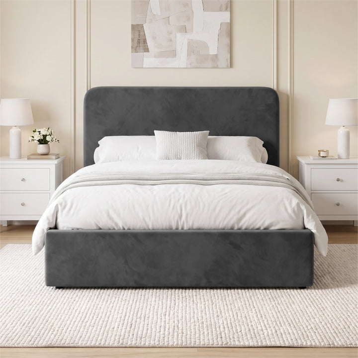 [Double | Grey] Front-on bedroom view with rounded headboard, white bedding, matching nightstands and wall art