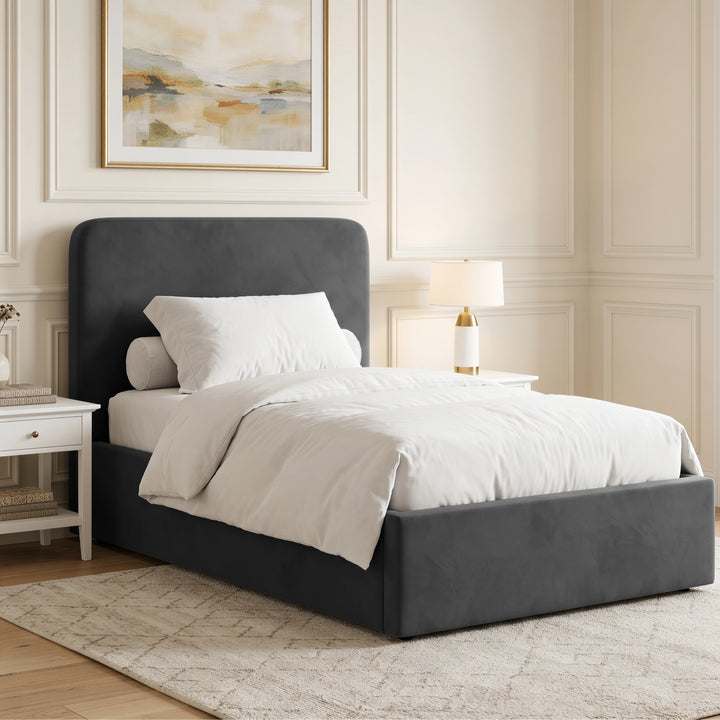 [Small Double | Grey] Angled bedroom view with rounded upholstered headboard, white bedding, bedside tables and wall art