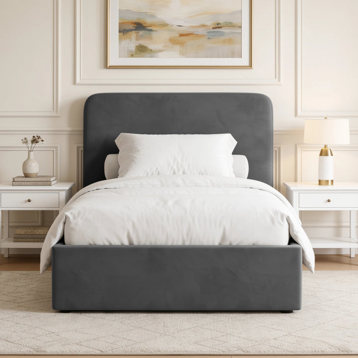 [Small Double | Grey] Front-on bedroom view with rounded headboard, white bedding, matching nightstands and framed art