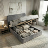 [Small Double | Grey] Pluva ottoman bed made up in grey velvet with folded throw and pillows along headboard