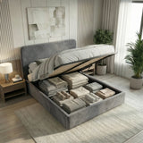 [Small Double | Grey] Pluva ottoman bed made up in grey velvet with folded throw and pillows along headboard