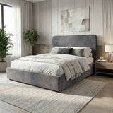 [Small Double | Grey] Pluva ottoman bed at three-quarter angle showing curved headboard, base and pale rug