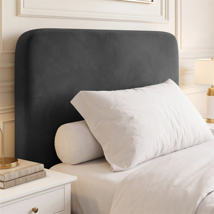 [Small Double | Grey] Close-up of rounded upholstered headboard behind white pillow, bolster cushion and bedside table