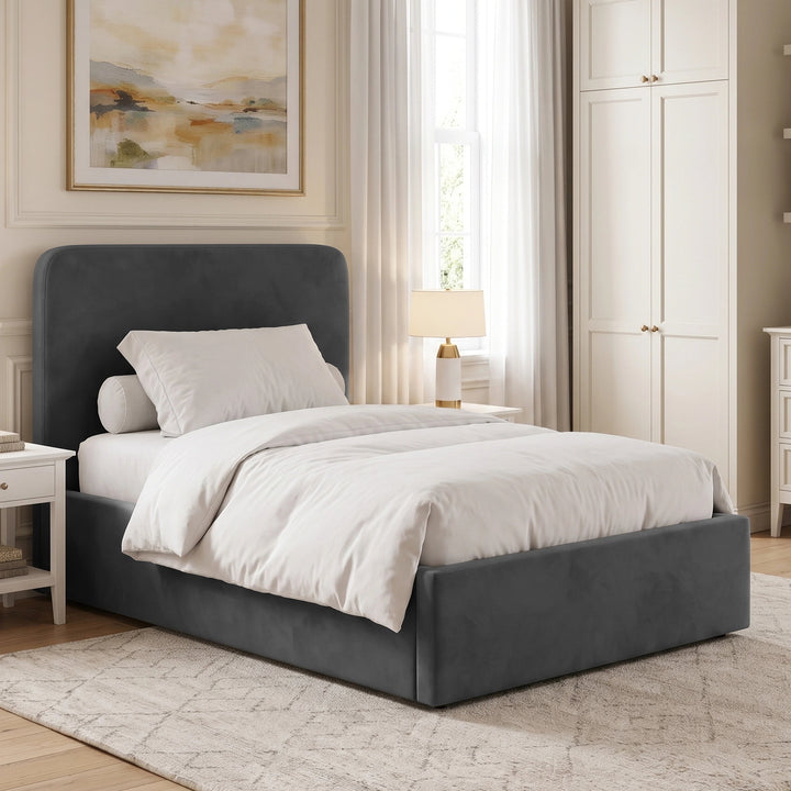 [Small Double | Grey] Wide bedroom view showing rounded headboard, white bedding, wardrobe, shelving and window