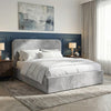 [Double | Light Grey] Bedroom scene featuring Pluva velvet ottoman storage bed with quilted throw and layered pillows