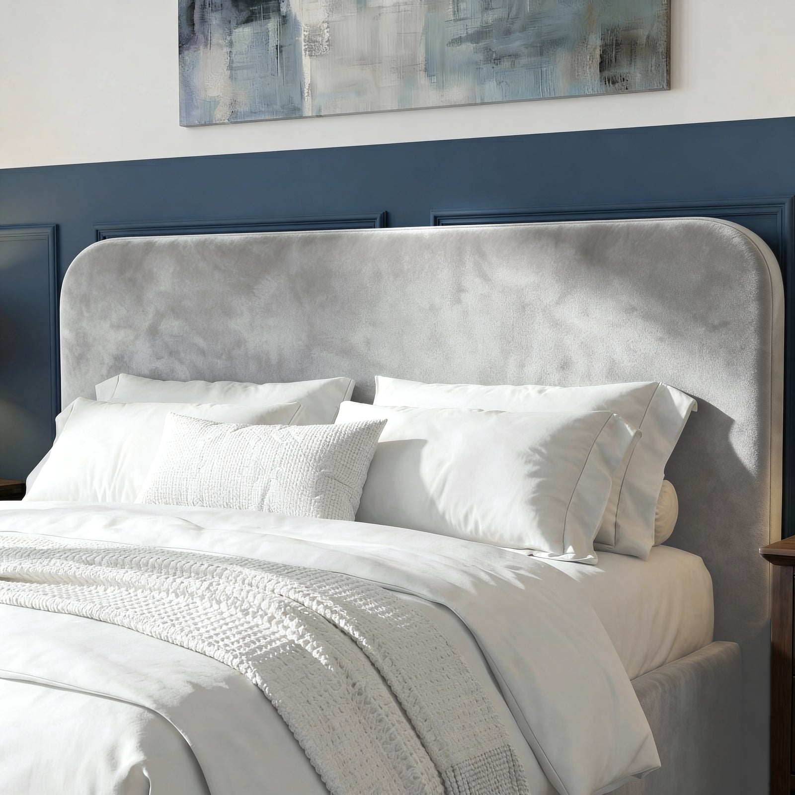 [Double | Light Grey] Detail shot of Pluva velvet ottoman storage bed headboard showing rounded corners and velvet