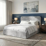 [Double | Light Grey] Side-angle Pluva velvet ottoman storage bed with wooden bedsides and abstract canvas above
