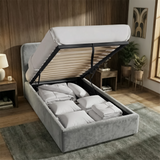 [Single | Light Grey] Pluva ottoman storage bed single with gas-lift base raised showing slatted interior and bedding