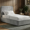 [Single | Light Grey] Pluva velvet ottoman storage bed single against slatted wood wall with white bedding and framed art