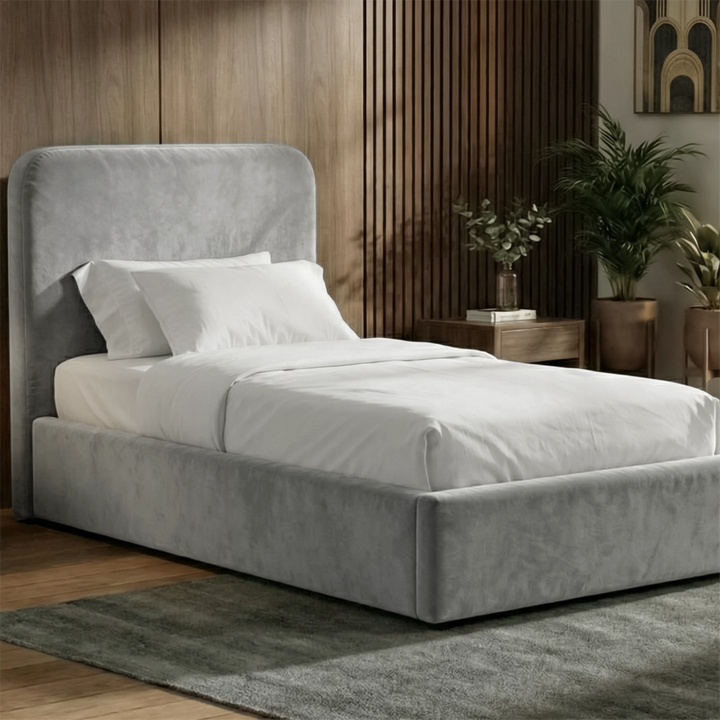 [Single | Light Grey] Pluva velvet ottoman storage bed single against slatted wood wall with white bedding and framed art
