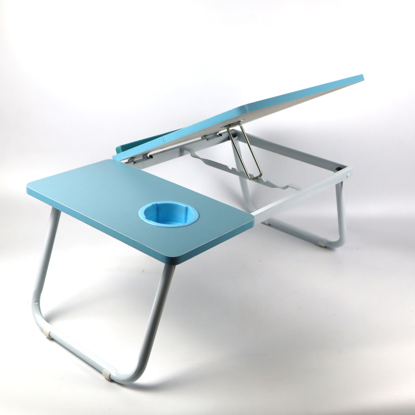 Portable blue bed laptop table with adjustable height, designed for comfort and ease when working or relaxing in bed or on the sofa.