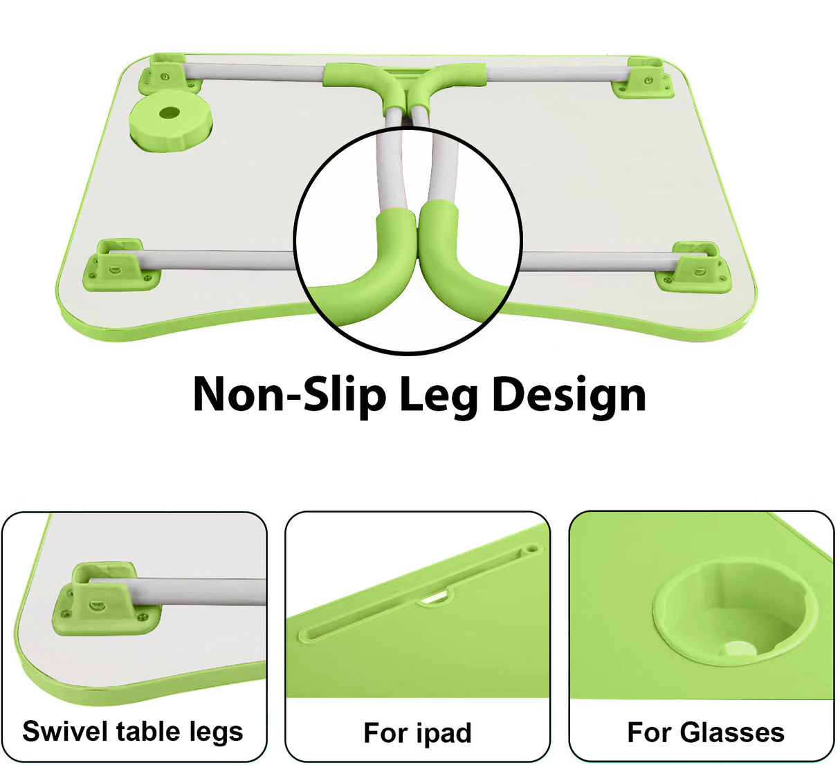 Portable laptop desk in green color, compact and easy to use anywhere.