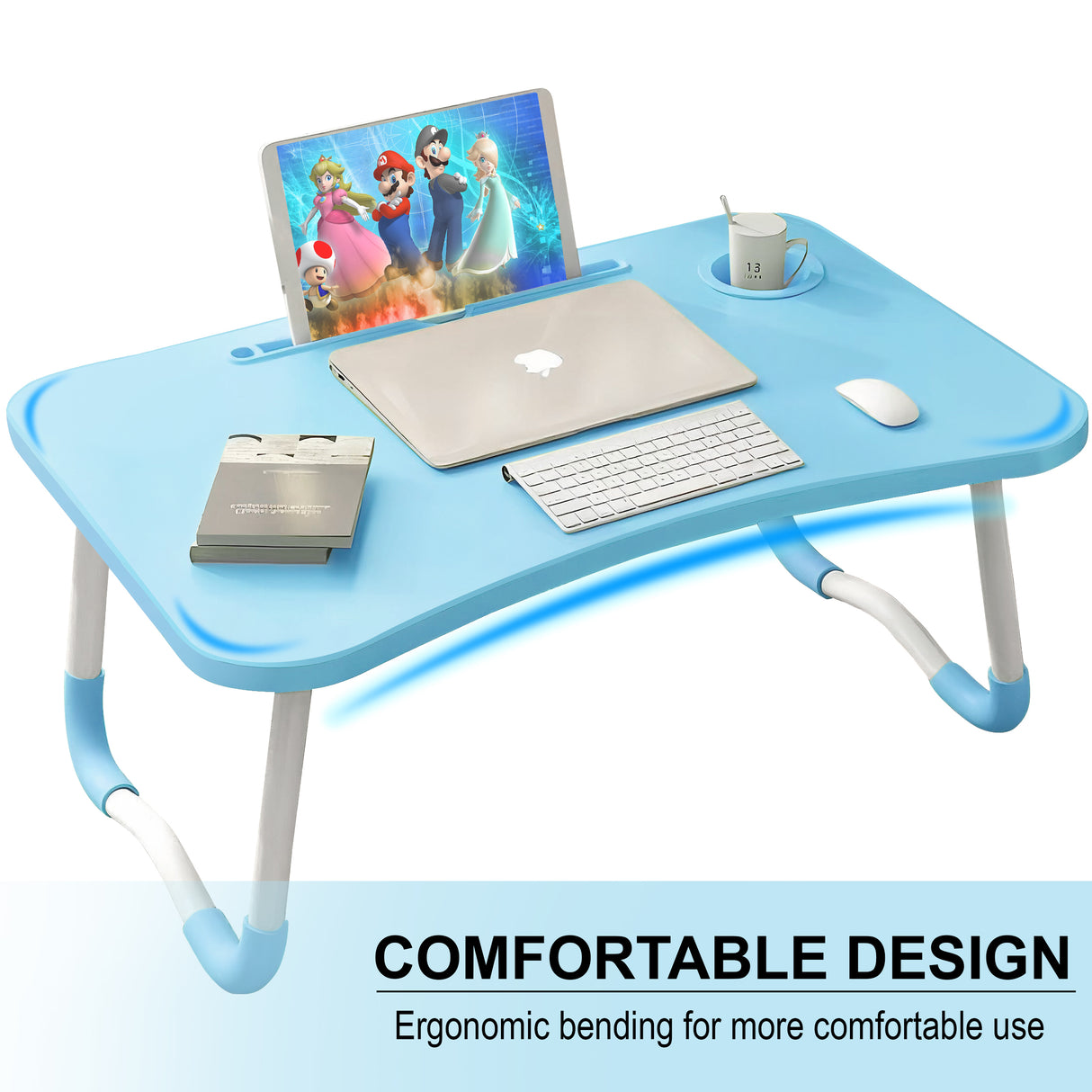 Portable laptop table with ergonomic bending design for more comfortable use.