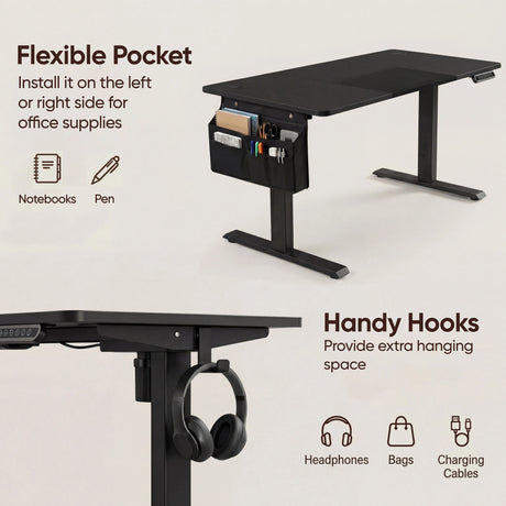 Adjustable Gaming Office Desk with flexible side pocket and handy hooks for organizing office supplies, headphones, and charging cables.