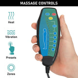 Massage control remote for blue recliner chair showing heat, vibration, presets, and zone options for personalized comfort settings.