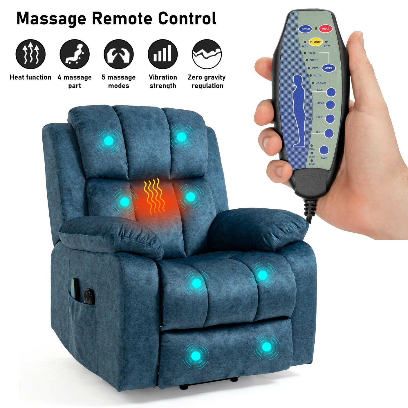 Blue massage recliner chair with remote control, showing heat and vibration points for back, lumbar, and legs with zero gravity function.