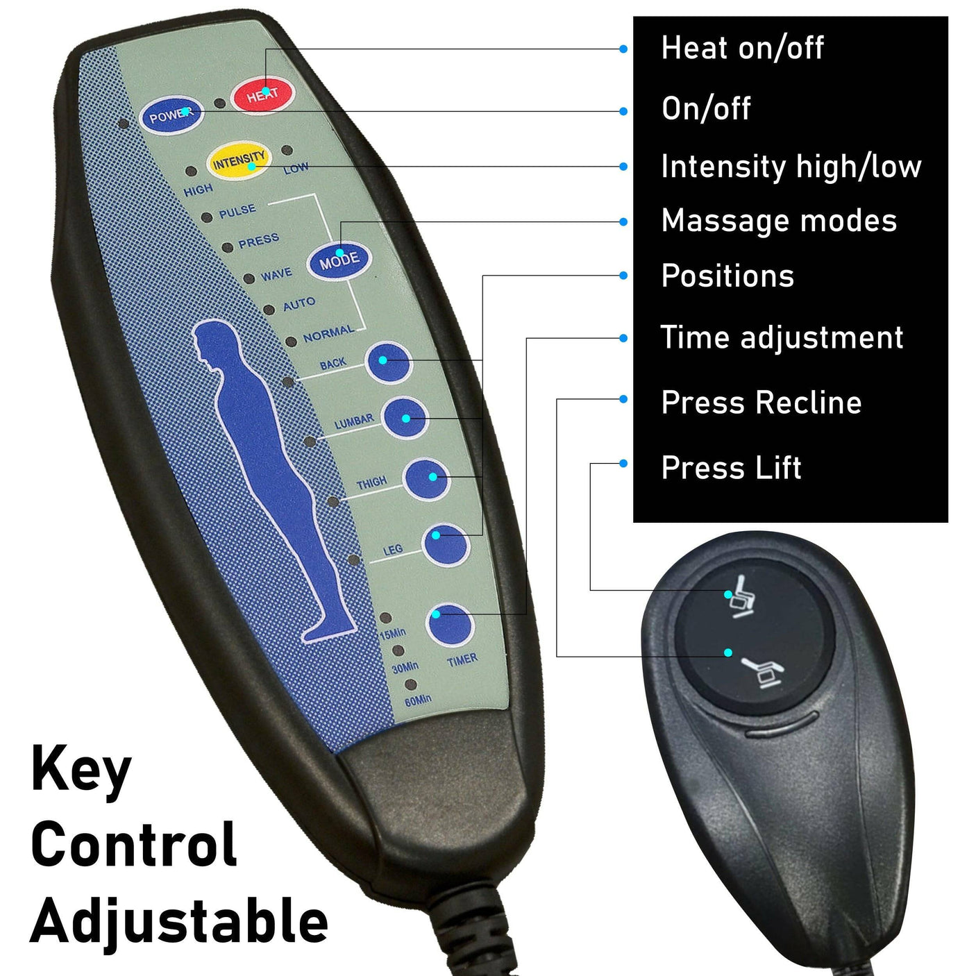Remote control for brown massage recliner chair with labeled features. Offers full control over massage, heat, and lift functions.