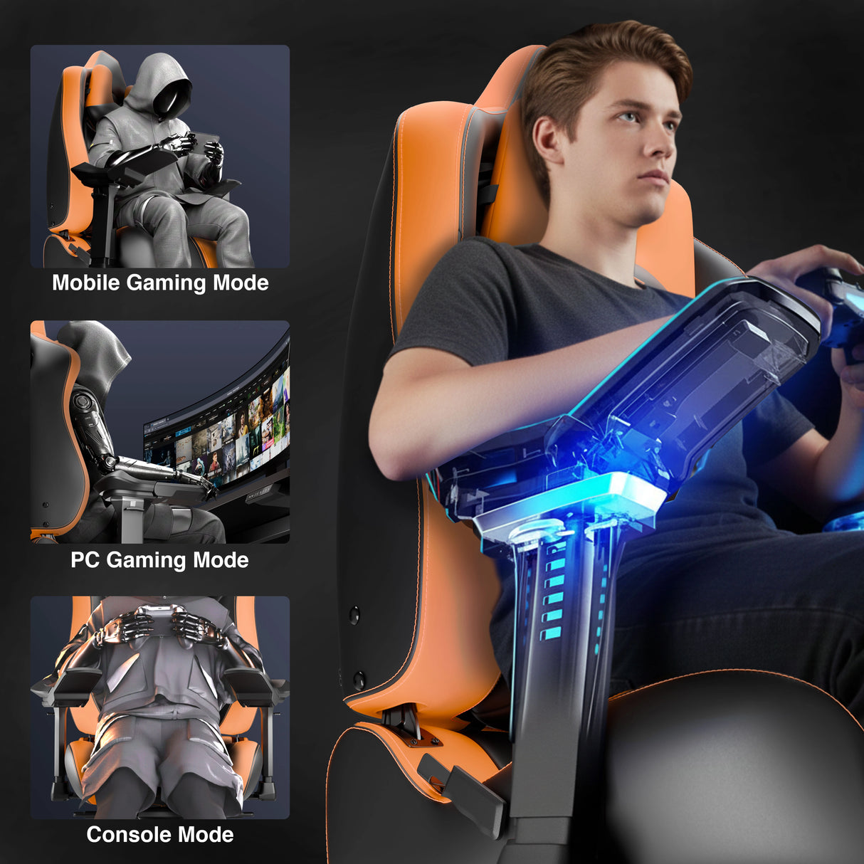 Gaming chair with adjustable modes for mobile, PC, and console gaming, featuring a person using it.