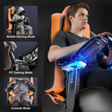 Gaming chair with adjustable modes for mobile, PC, and console gaming, featuring a person using it.