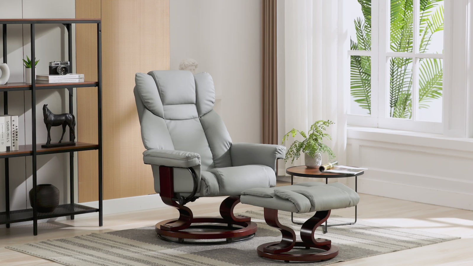 Swivel Recliner Chair with Footstool - Recliner Armchair in grey leather with wooden base, ideal for living rooms. Available at DHS with Free Next Day Delivery.
