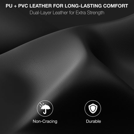 Black leather material with text and icons indicating durability and non-cracking properties.