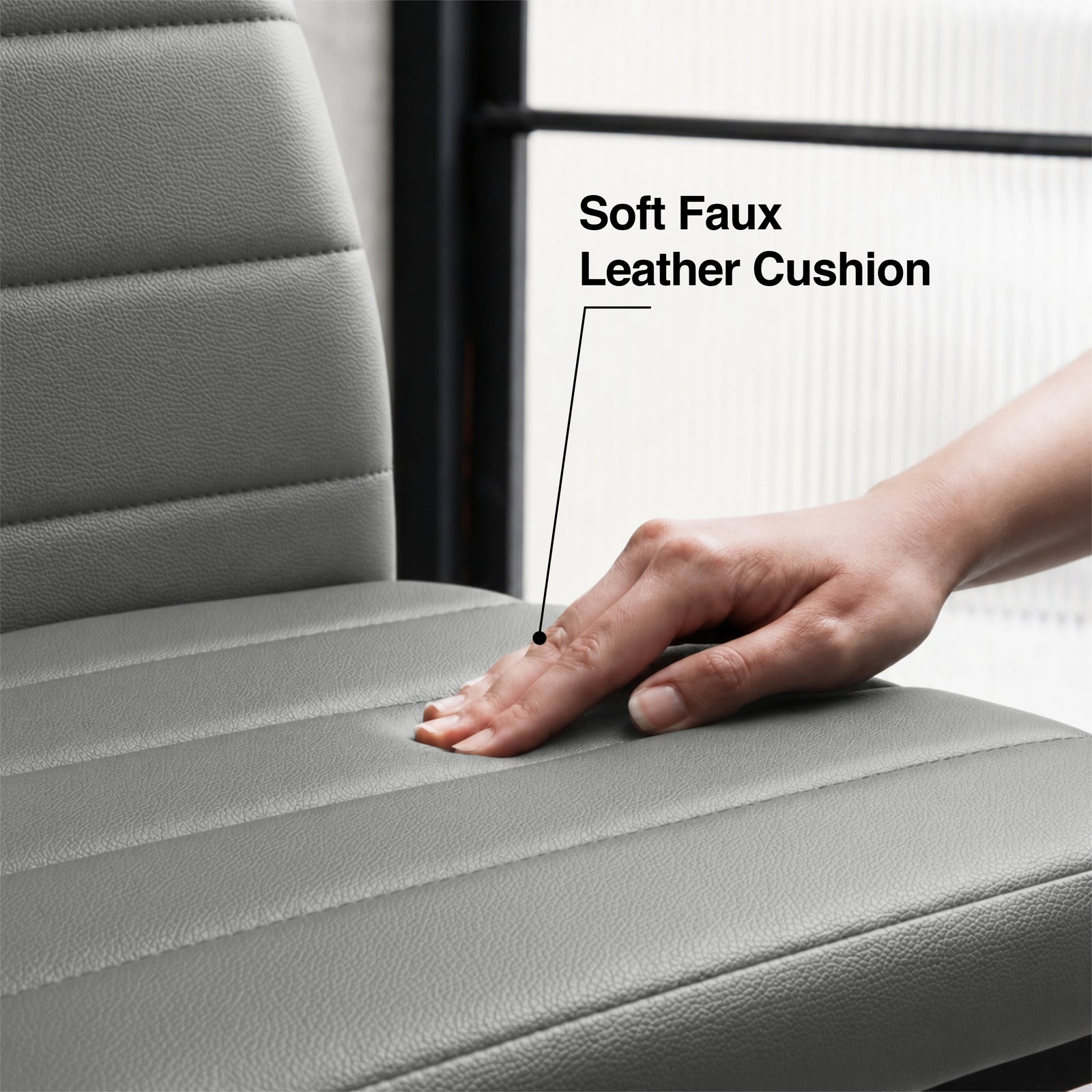 [Grey | Set of 4] Close-up graphic text: Soft Faux Leather Cushion on padded PU leather seat