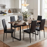 [Black | Set of 6] PU Leather Dining Chairs Set of 6 Black Upholstered High Back Dining Chairs with Metal Legs Around Wooden Dining Table