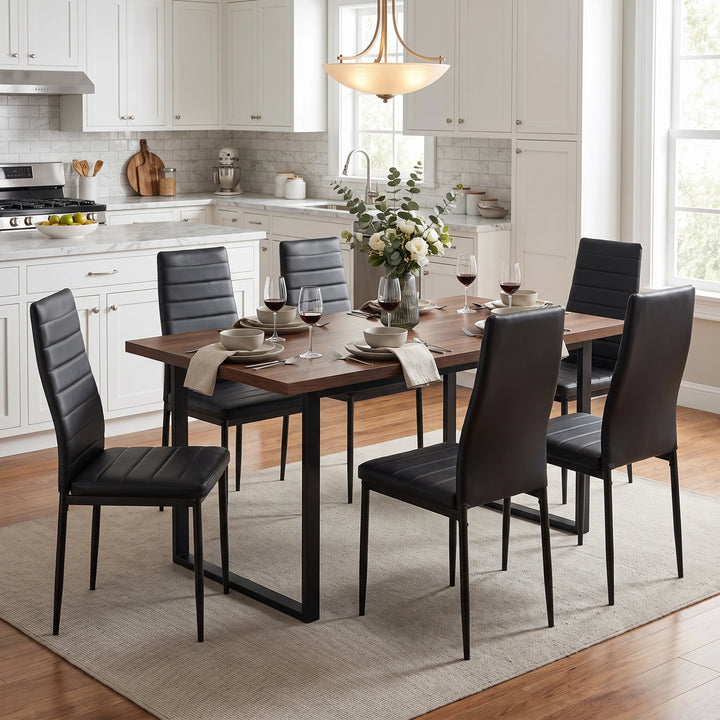 [Black | Set of 6] PU Leather Dining Chairs Set of 6 Black Upholstered High Back Dining Chairs with Metal Legs Around Wooden Dining Table