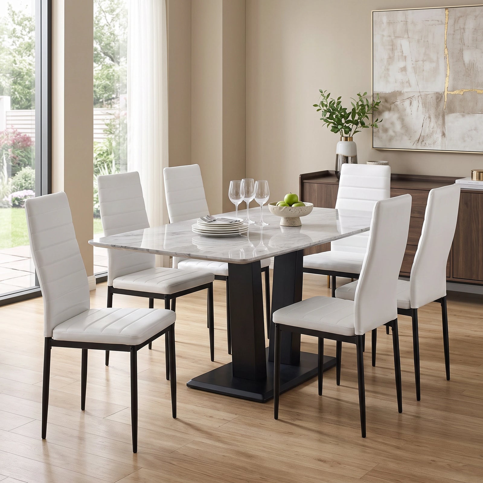 [White | Set of 6] PU leather dining chairs set around a table in a bright dining room