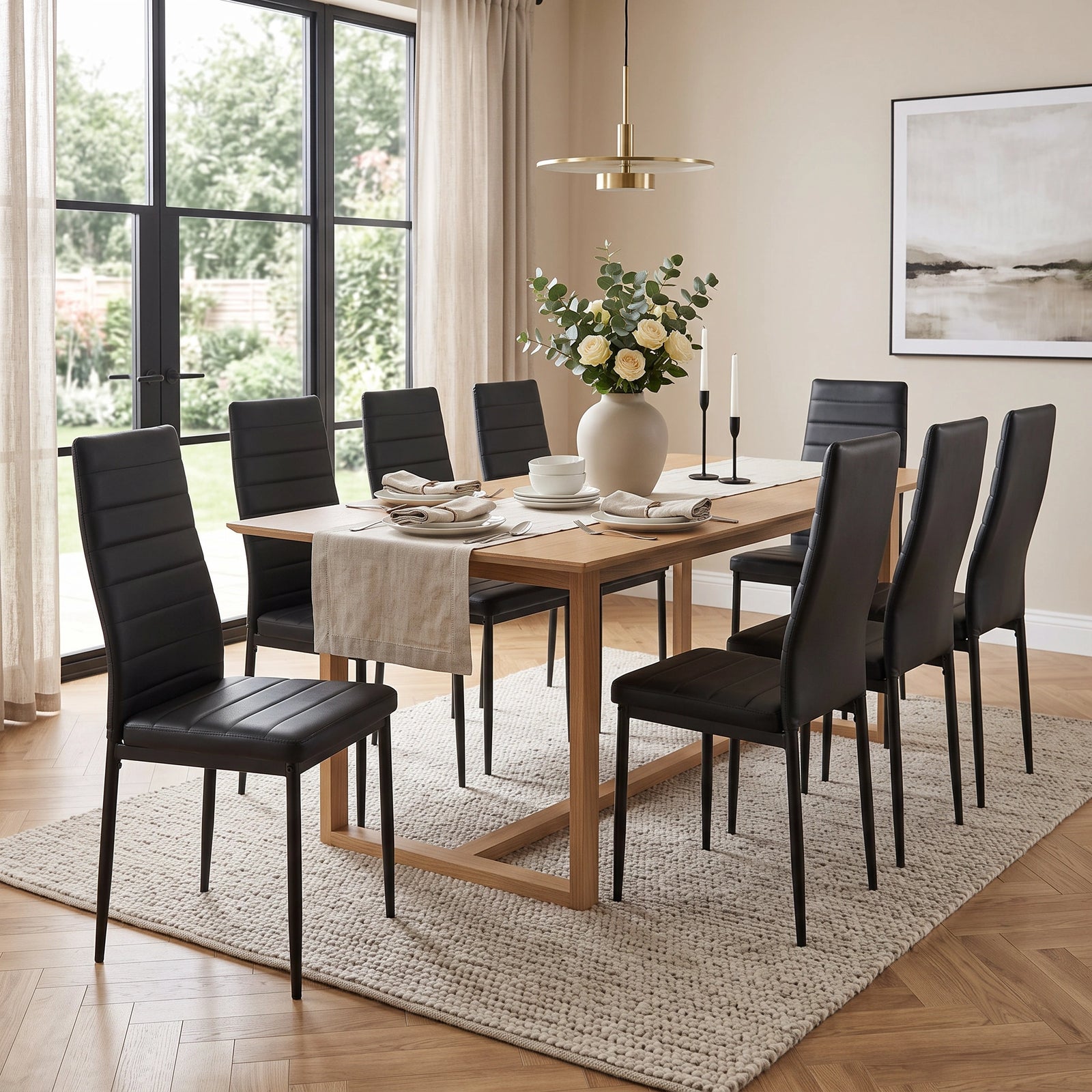 [Black | Set of 8] PU leather dining chairs set around a wooden dining table in a bright dining room